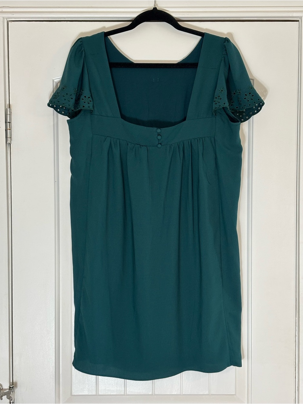 Maison Cinqcent size Med Teal Pintuck Fit & Flare Dress with Eyelet Sleeves - Picture 4 of 7